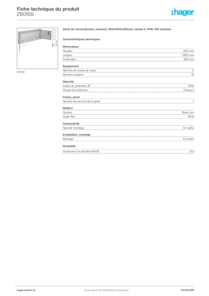 Image Hager Fiche technique du produit ZB015S | Hager Suisse