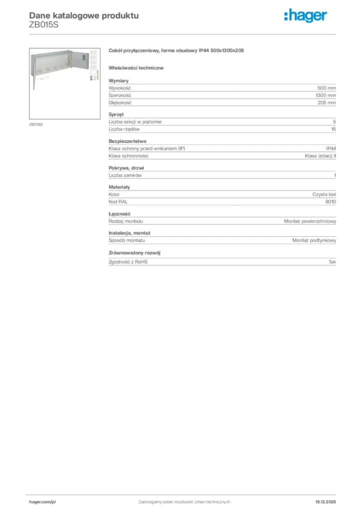Zdjęcie Hager Karta katalogowa ZB015S | Hager Polska