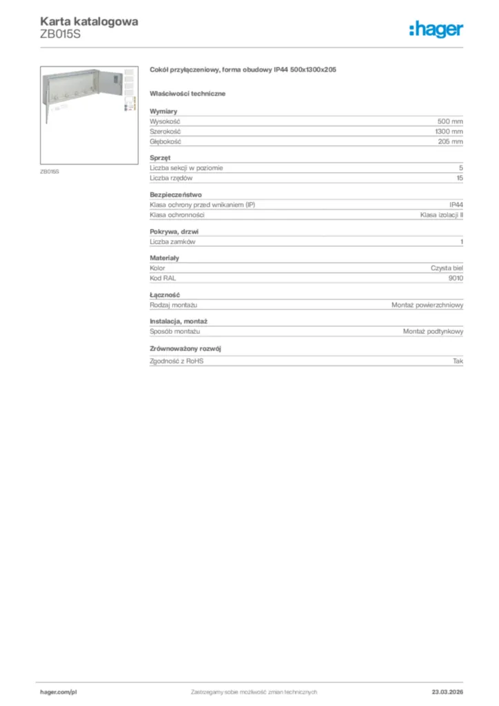 Zdjęcie Hager Karta katalogowa ZB015S | Hager Polska