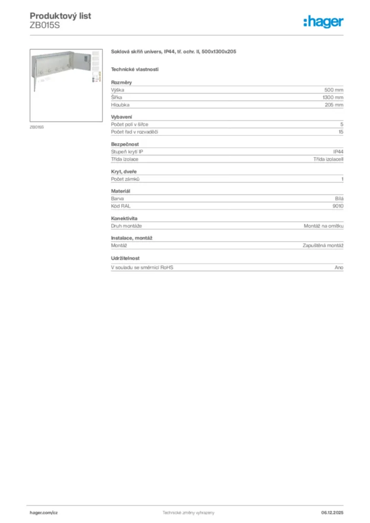 Obrázek Hager Product data sheet ZB015S | Hager
