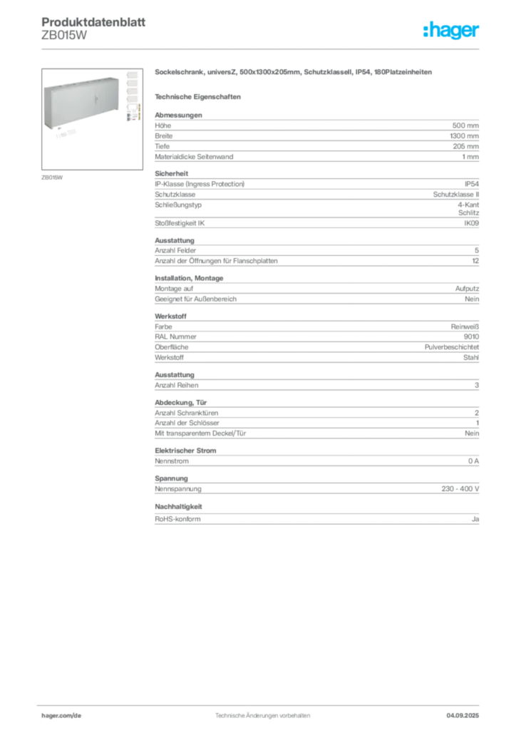 Bild Hager Produktdatenblatt ZB015W | Hager Deutschland
