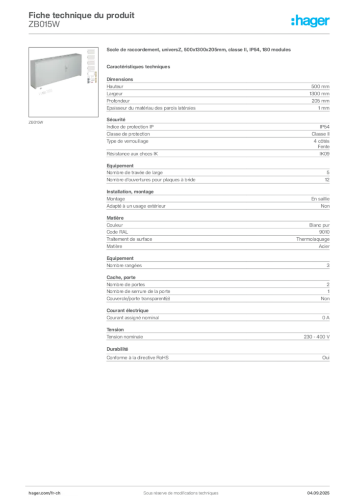 Image Hager Fiche technique du produit ZB015W | Hager Suisse