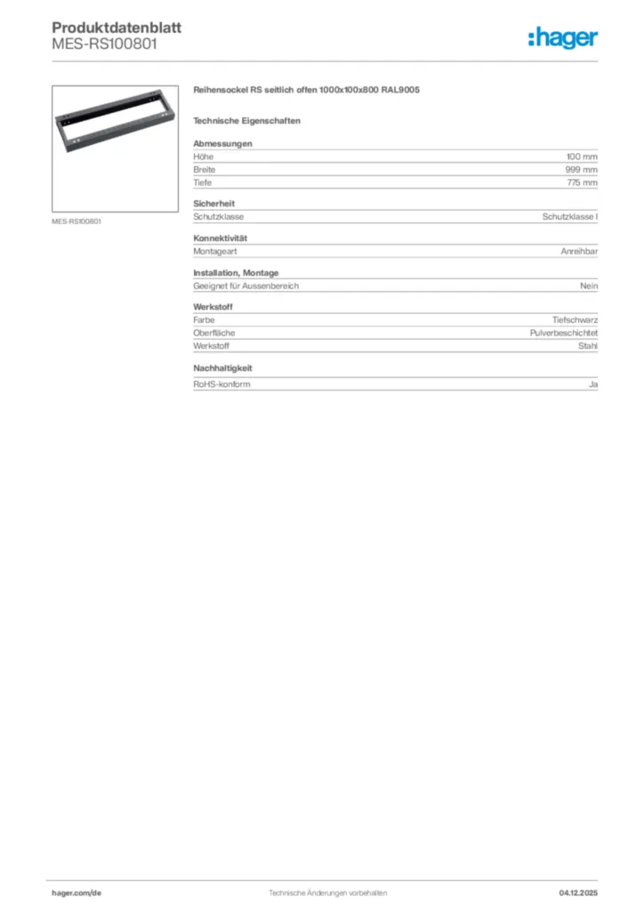 Bild Hager Produktdatenblatt MES-RS100801 | Hager Deutschland