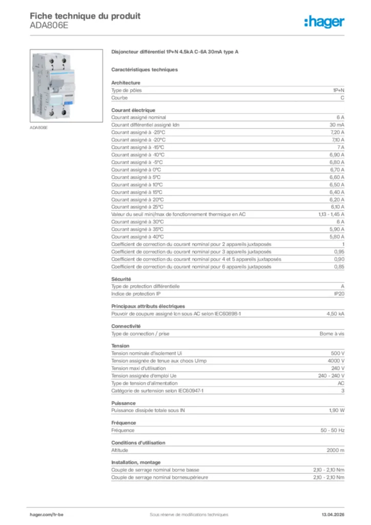 Image Hager Fiche technique du produit ADA806E | Hager Belgique