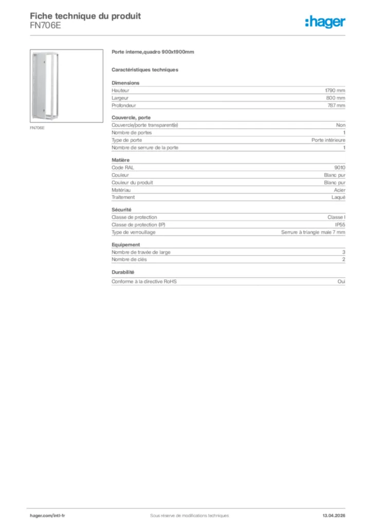 Image Hager Fiche technique du produit FN706E | Hager Afrique