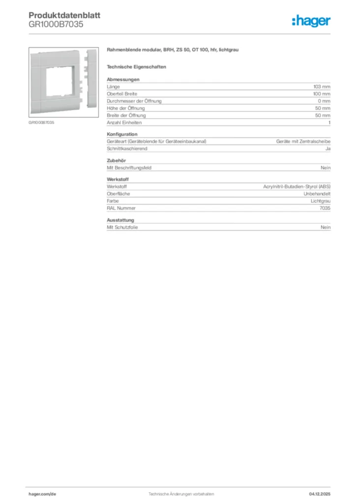 Bild Hager Produktdatenblatt GR1000B7035 | Hager Deutschland