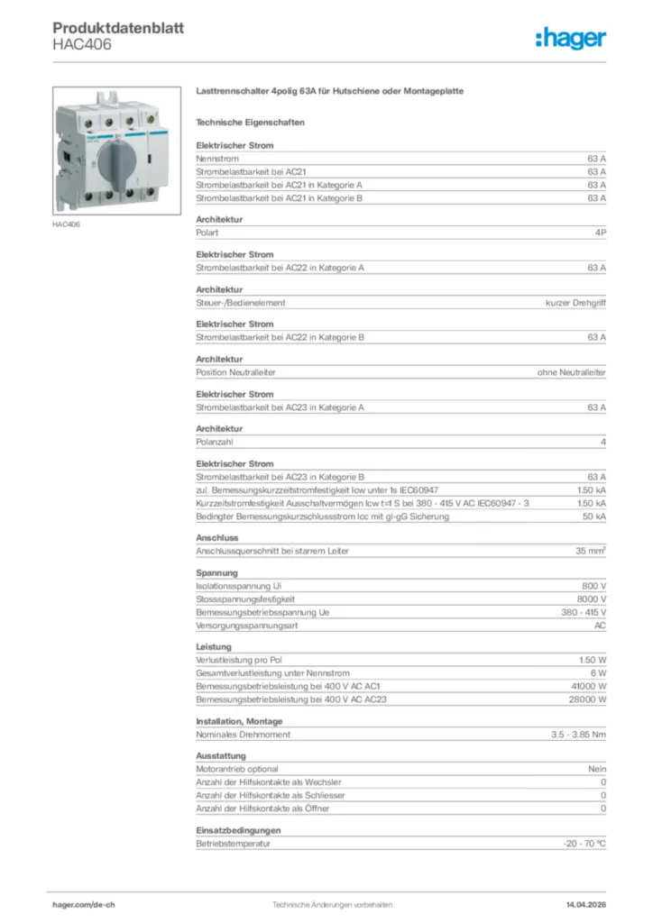 Bild Hager Produktdatenblatt HAC406 | Hager Schweiz