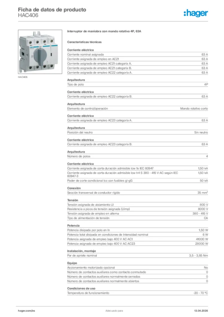 Imagen Hager Ficha de datos de producto HAC406 | Hager España