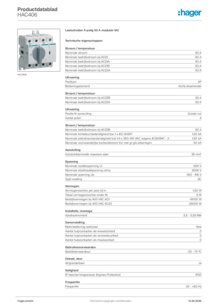 Afbeelding Hager Productdatablad HAC406 | Hager Nederland
