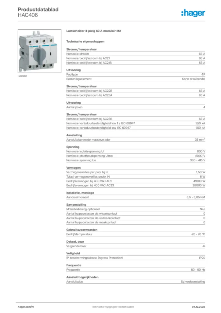 Afbeelding Hager Productdatablad HAC406 | Hager Nederland