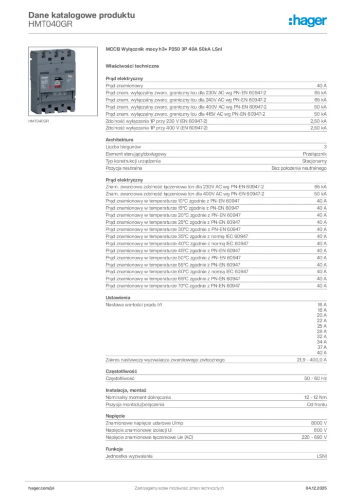 Zdjęcie Hager Karta katalogowa HMT040GR | Hager Polska