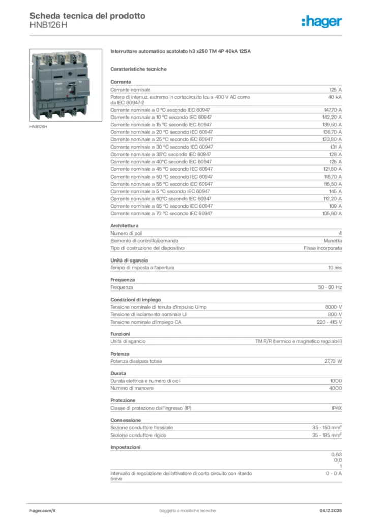Immagine Hager Scheda tecnica del prodotto HNB126H | Hager Italia