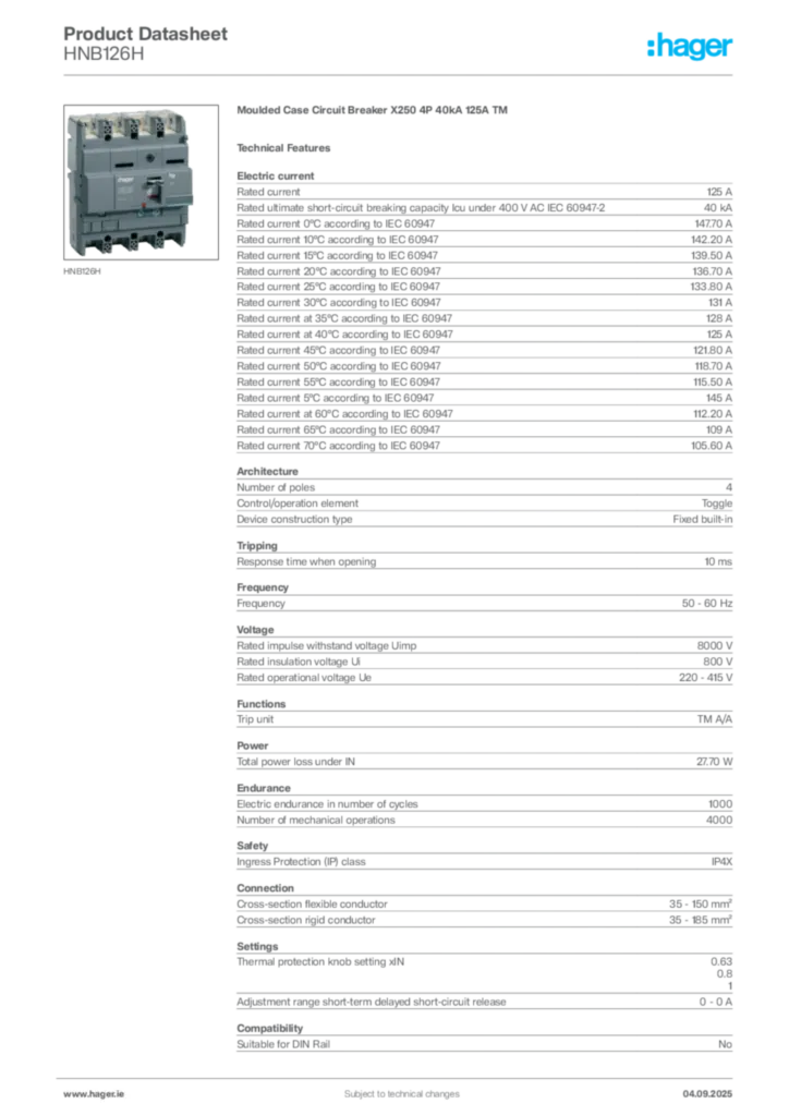 Image Hager Product data sheet HNB126H  | Hager
