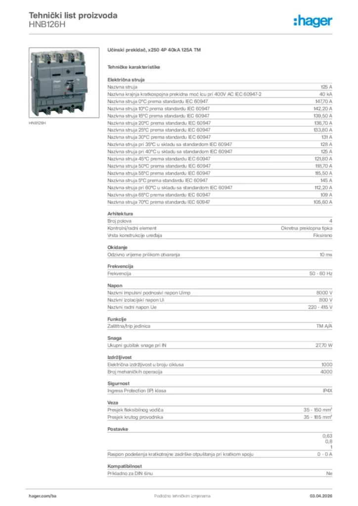 Slika Hager Tehnički list proizvoda HNB126H  | Hager