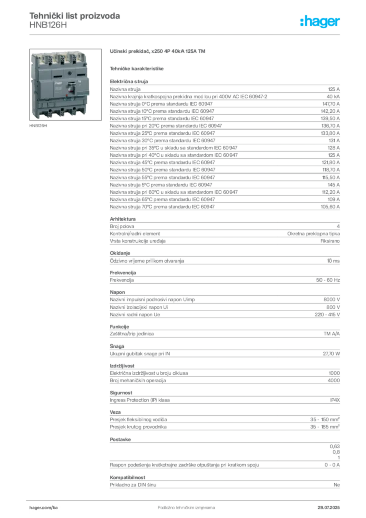 Slika Hager Product data sheet HNB126H  | Hager
