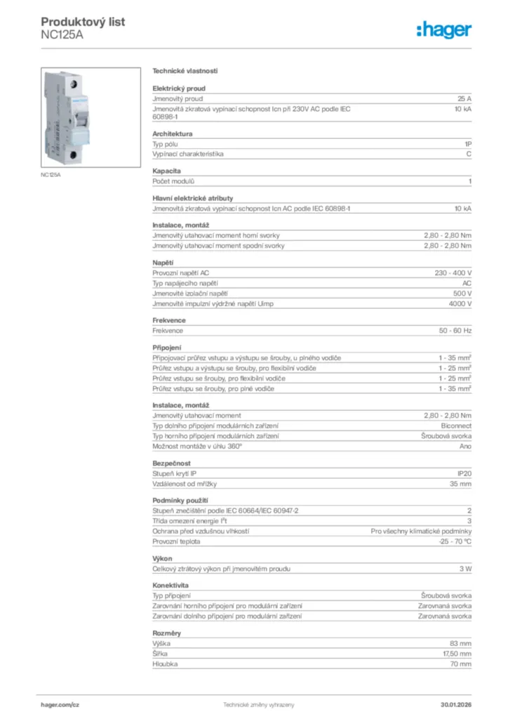 Obrázek Hager Product data sheet NC125A | Hager