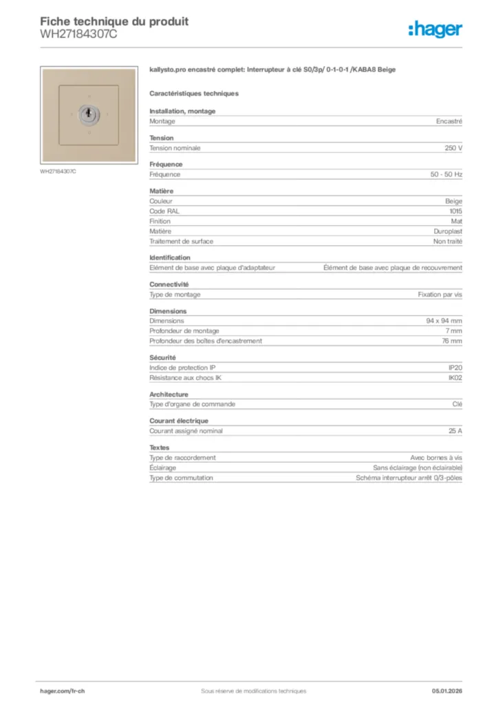Image Hager Fiche technique du produit WH27184307C | Hager Suisse