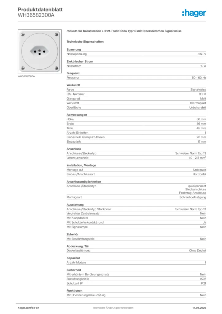 Bild Hager Produktdatenblatt WH36582300A | Hager Schweiz