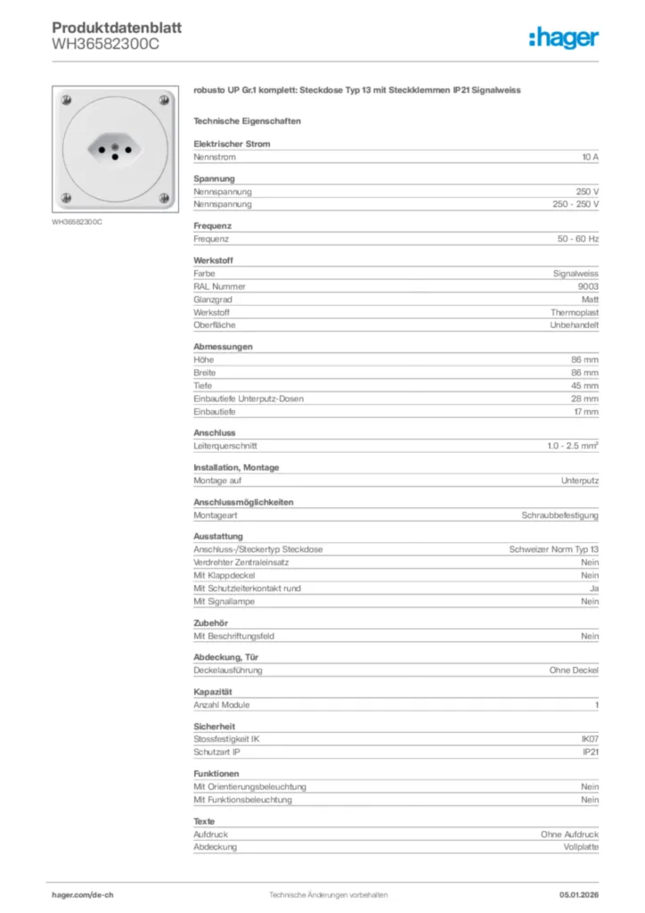 Bild Hager Produktdatenblatt WH36582300C | Hager Schweiz
