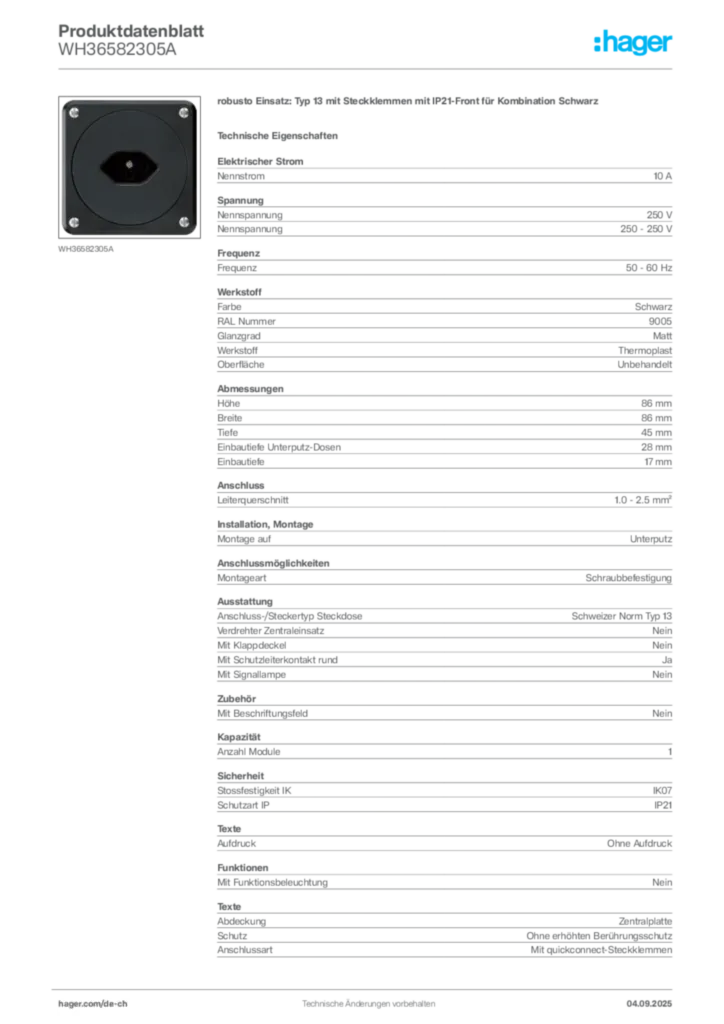 Bild Hager Produktdatenblatt WH36582305A | Hager Schweiz