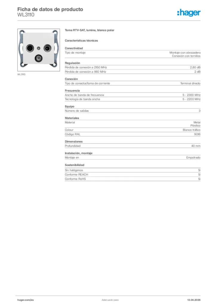 Imagen Hager Ficha de datos de producto WL3110 | Hager España