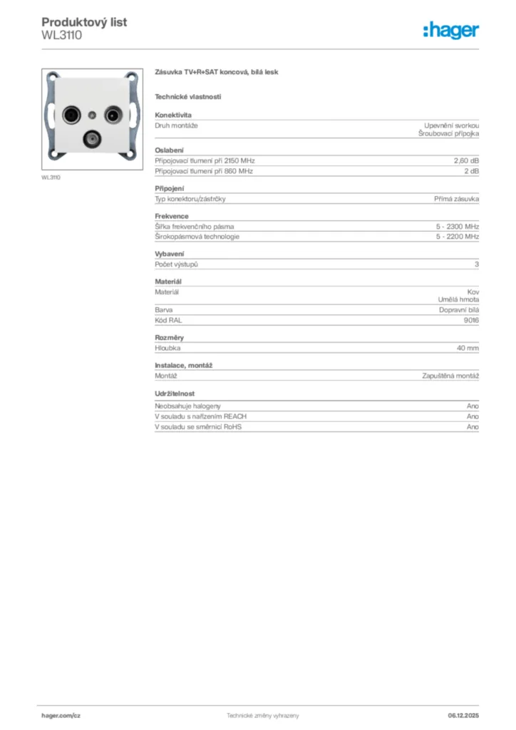 Obrázek Hager Product data sheet WL3110 | Hager
