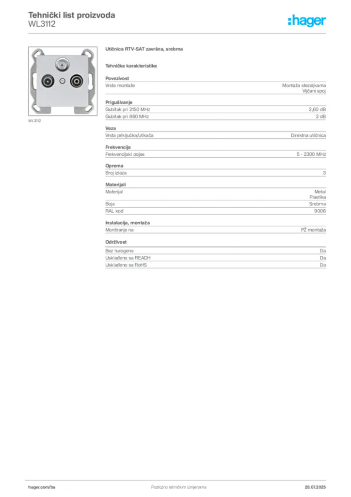 Slika Hager Product data sheet WL3112  | Hager