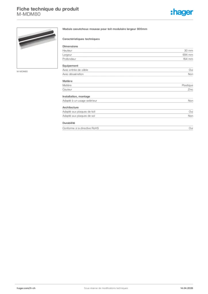 Image Hager Fiche technique du produit M-MDM80 | Hager Suisse