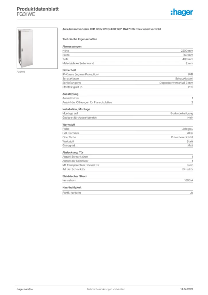 Bild Hager Produktdatenblatt FG31WE | Hager Deutschland