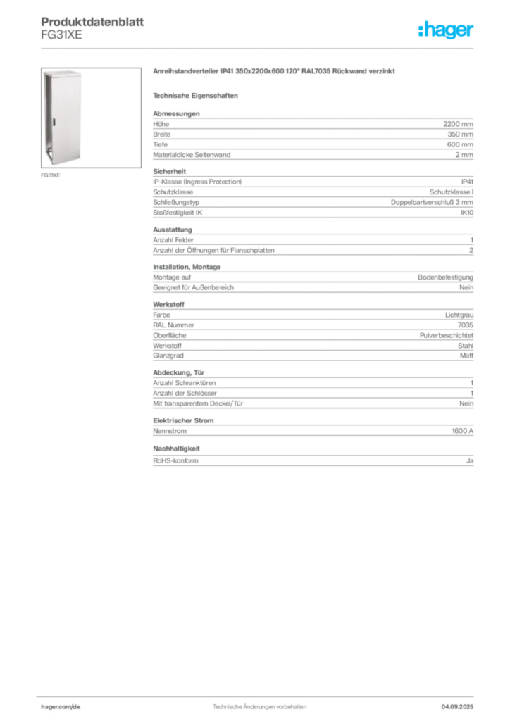 Bild Hager Produktdatenblatt FG31XE | Hager Deutschland