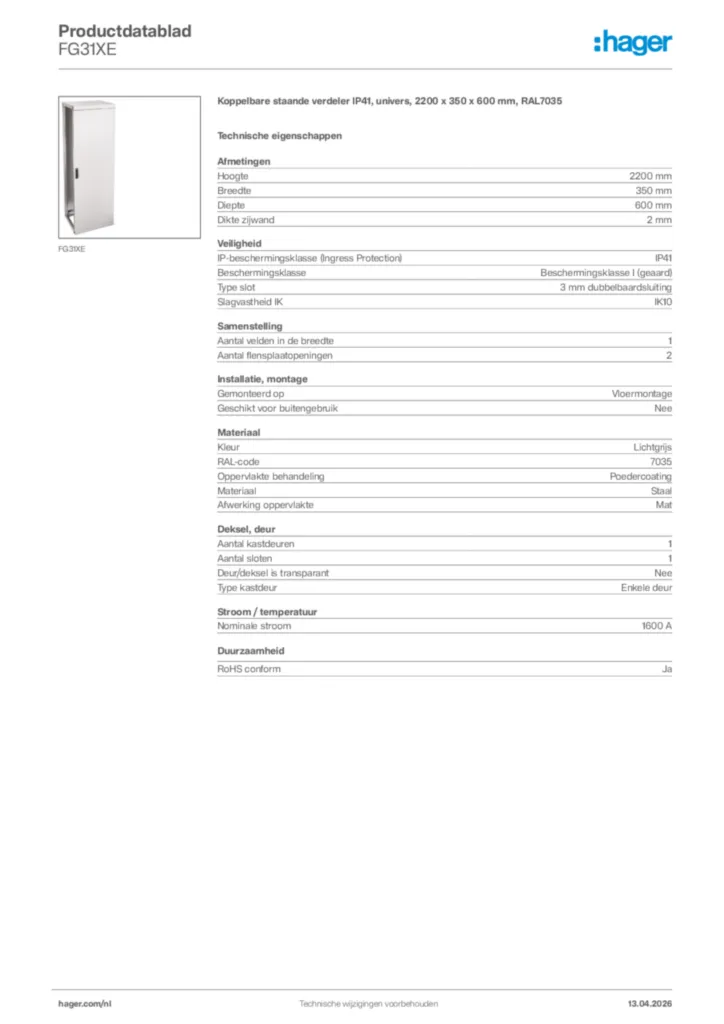 Afbeelding Hager Productdatablad FG31XE | Hager Nederland