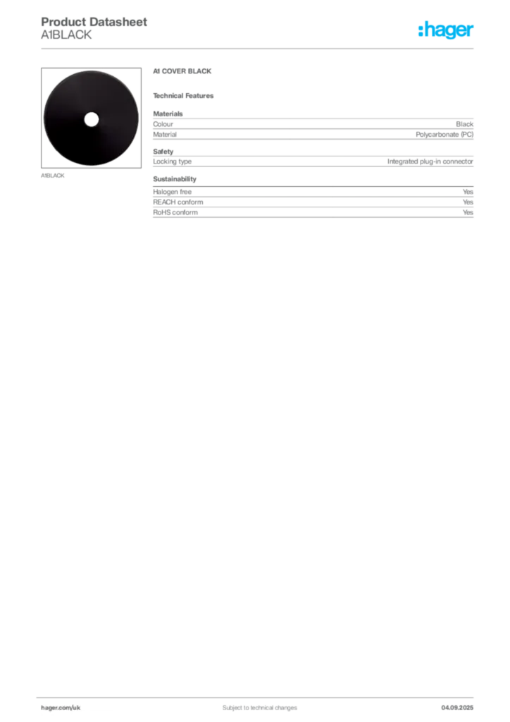 Image Hager Product data sheet A1BLACK  | Hager