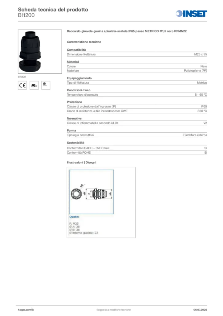 Immagine Inset Scheda tecnica del prodotto B11200 | Hager Italia