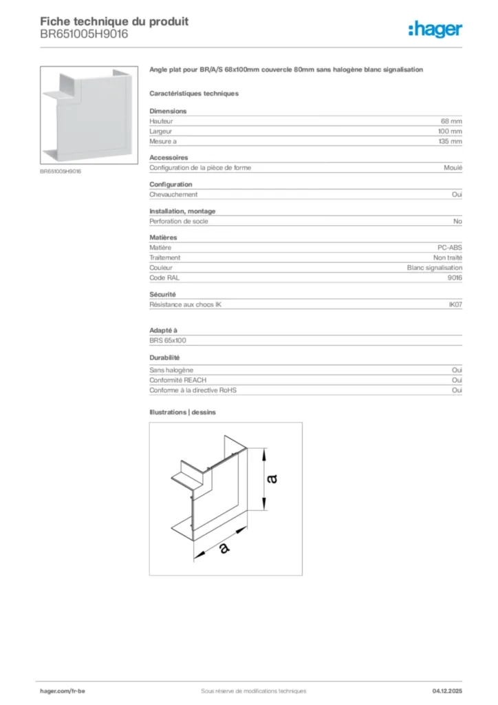 Image Hager Fiche technique du produit BR651005H9016 | Hager Belgique