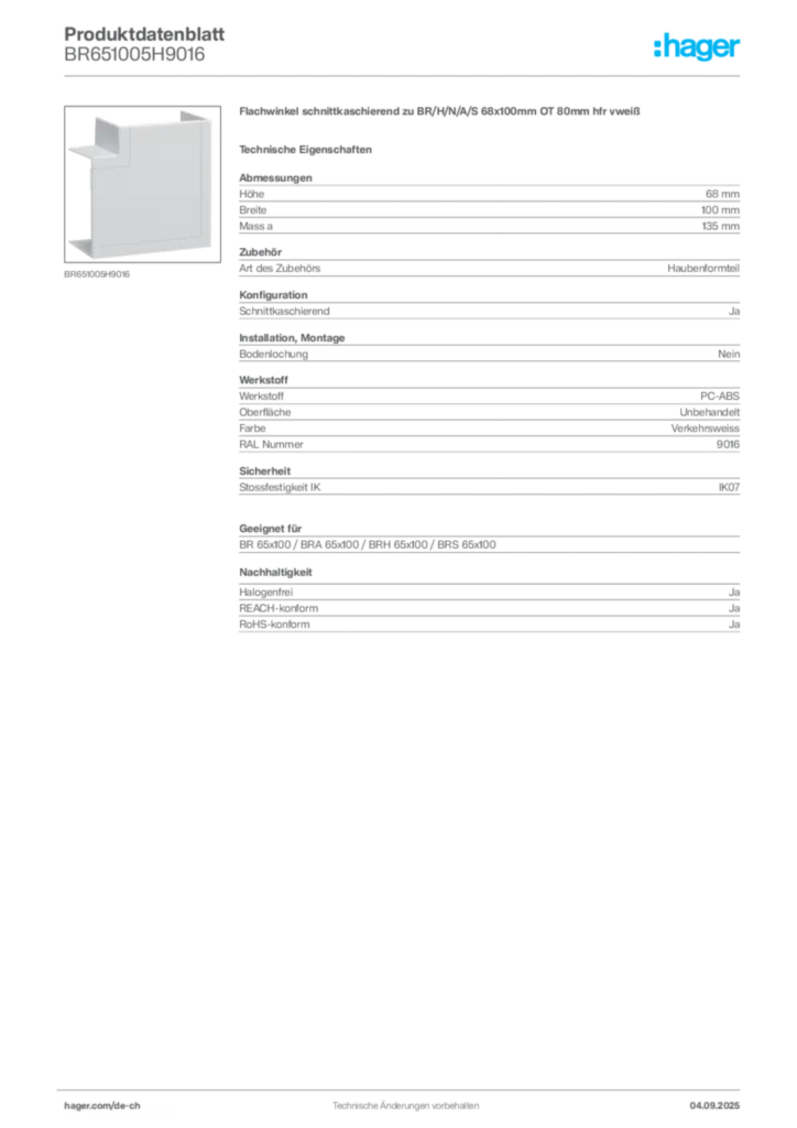 Bild Hager Produktdatenblatt BR651005H9016 | Hager Schweiz