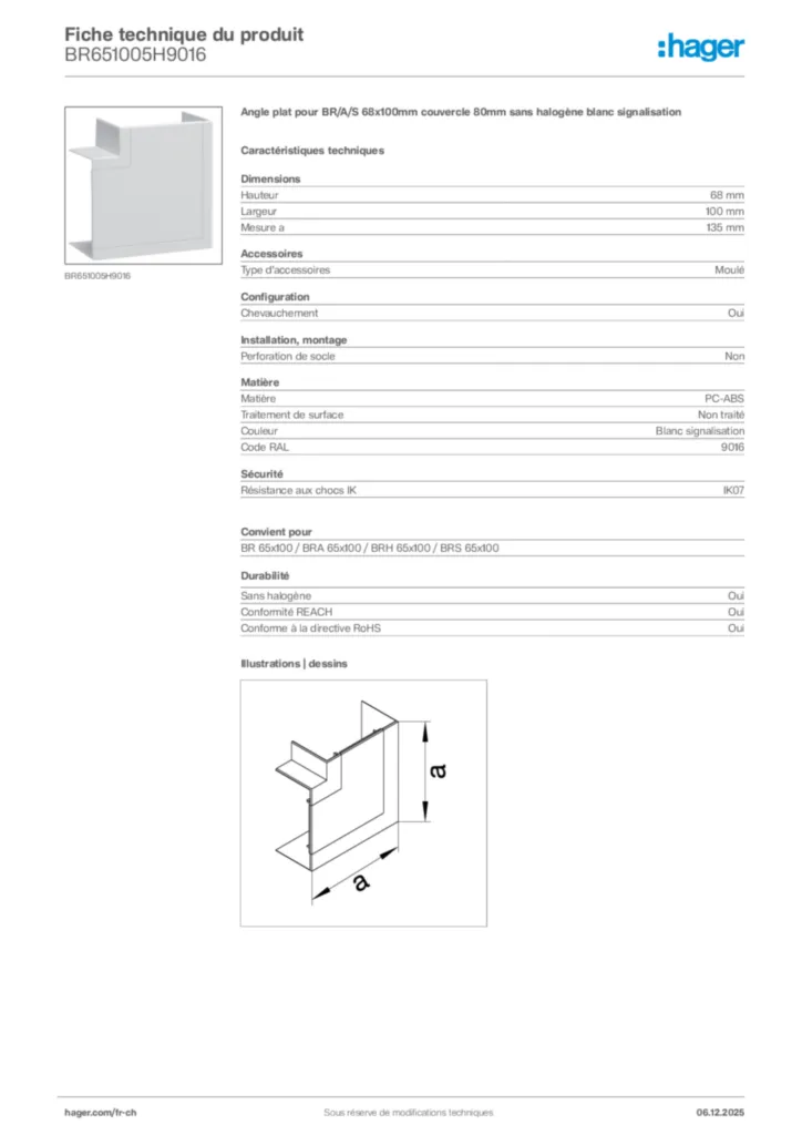 Image Hager Fiche technique du produit BR651005H9016 | Hager Suisse