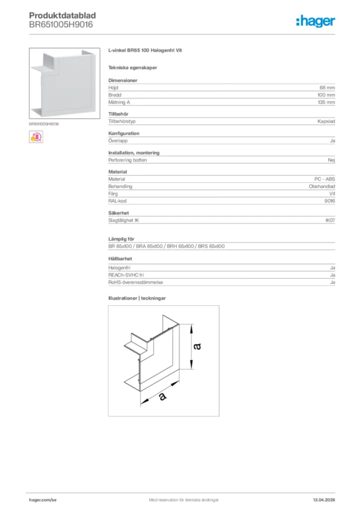 Bild Hager Produktdatablad BR651005H9016 | Hager Sverige