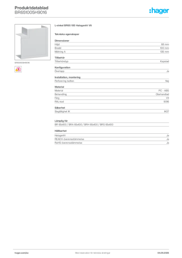Bild Hager Produktdatablad BR651005H9016 | Hager Sverige