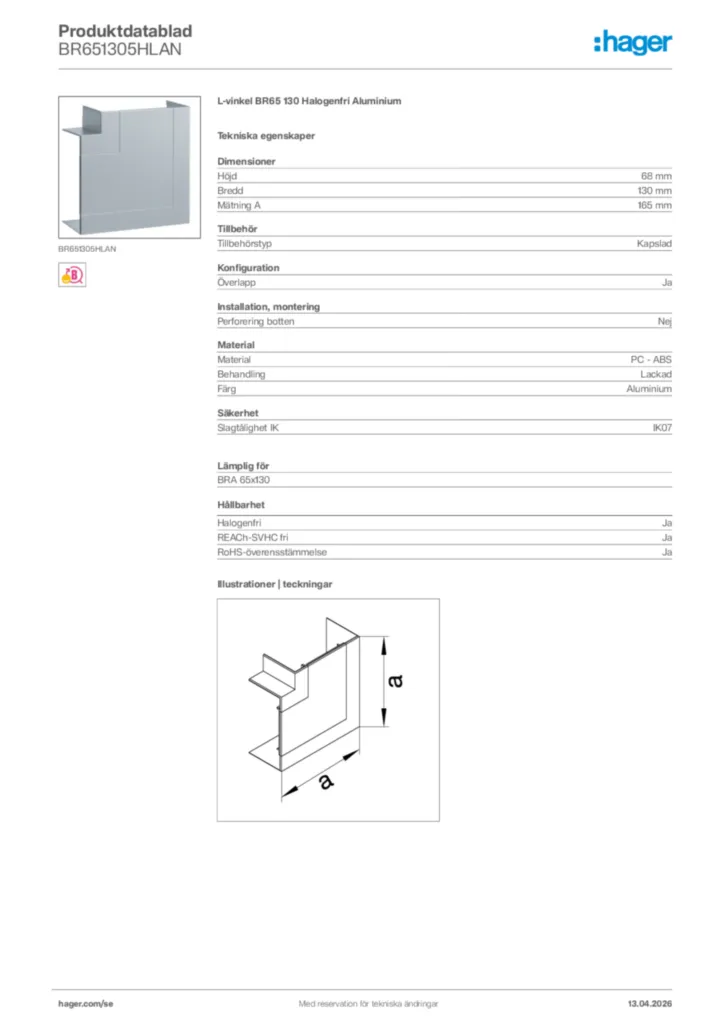 Bild Hager Produktdatablad BR651305HLAN | Hager Sverige