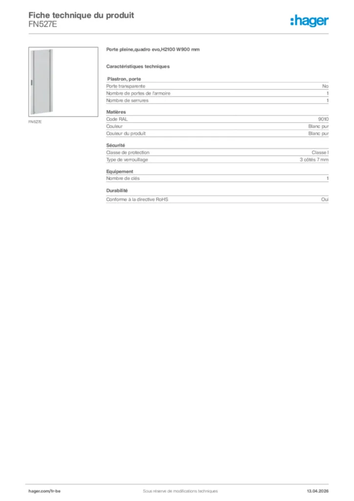 Image Hager Fiche technique du produit FN527E | Hager Belgique