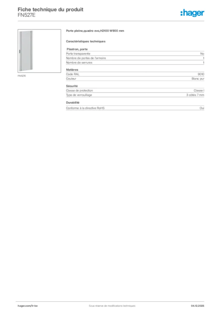 Image Hager Fiche technique du produit FN527E | Hager Belgique