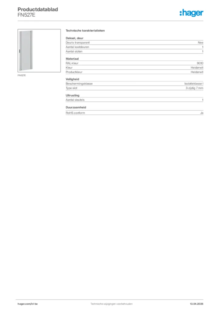 Afbeelding Hager Productdatablad FN527E | Hager Belgium