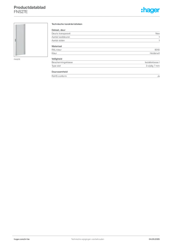 Afbeelding Hager Productdatablad FN527E | Hager Belgium