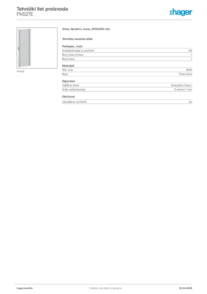 Slika Hager Tehnički list proizvoda FN527E  | Hager