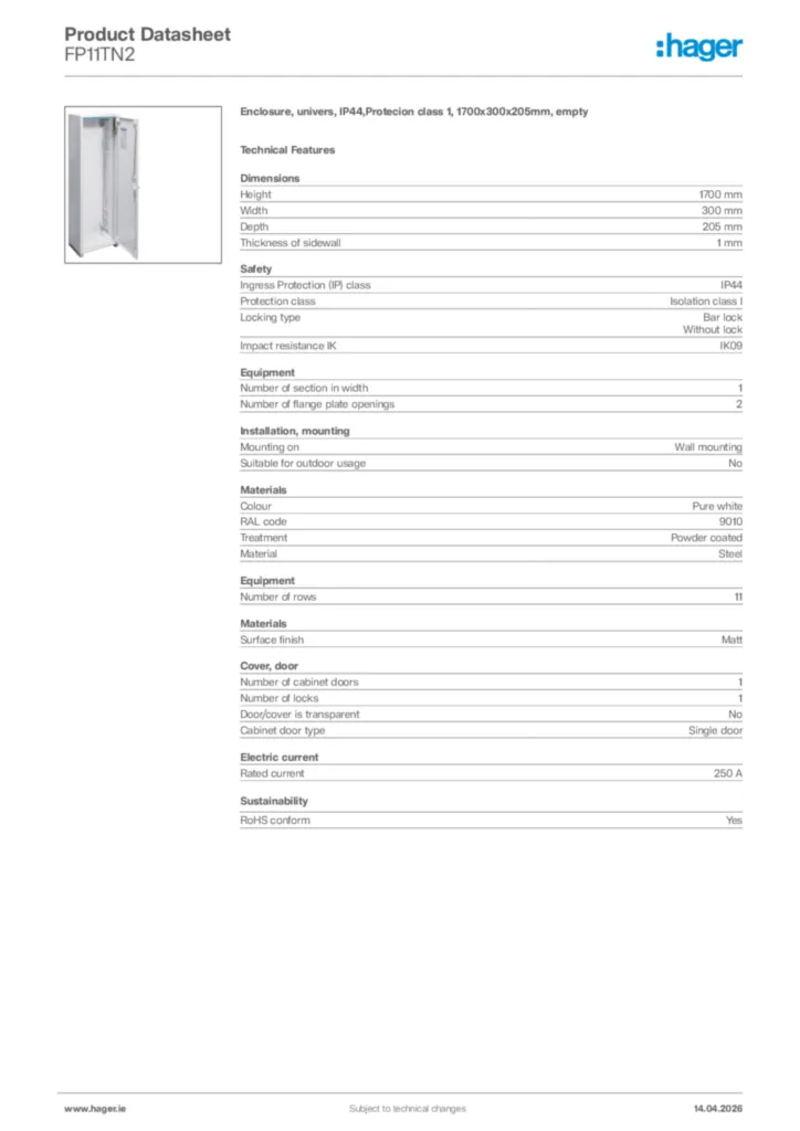 Image Hager Product data sheet FP11TN2  | Hager