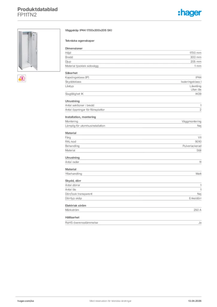 Bild Hager Produktdatablad FP11TN2 | Hager Sverige
