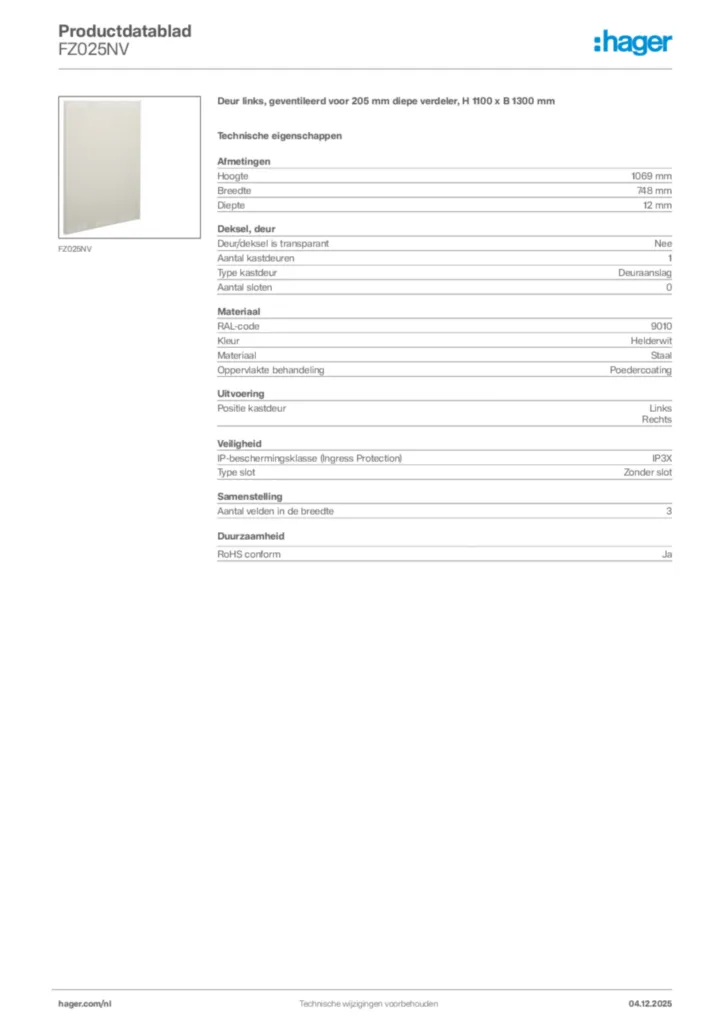 Afbeelding Hager Productdatablad FZ025NV | Hager Nederland