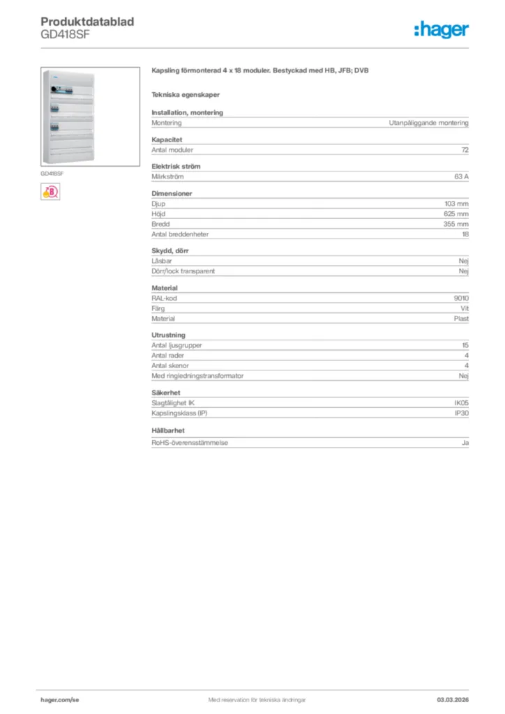 Bild Hager Produktdatablad GD418SF | Hager Sverige