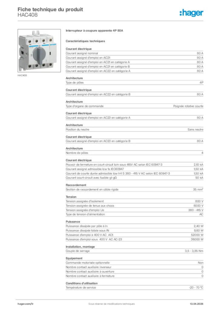 Image Hager Fiche technique du produit HAC408 | Hager France
