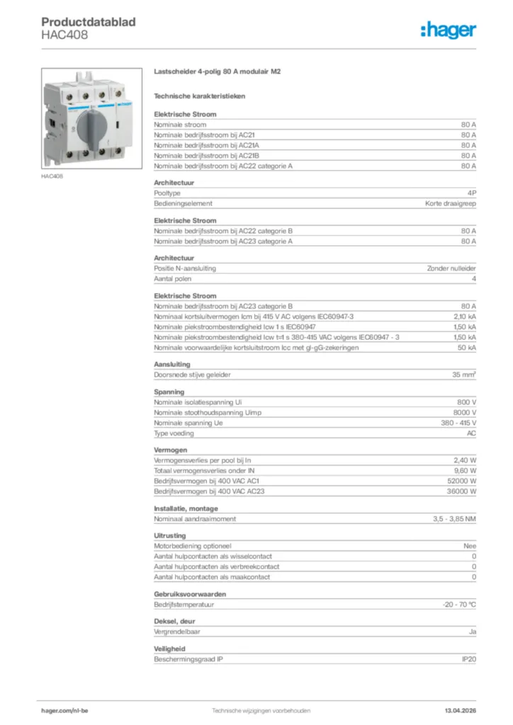 Afbeelding Hager Productdatablad HAC408 | Hager Belgium